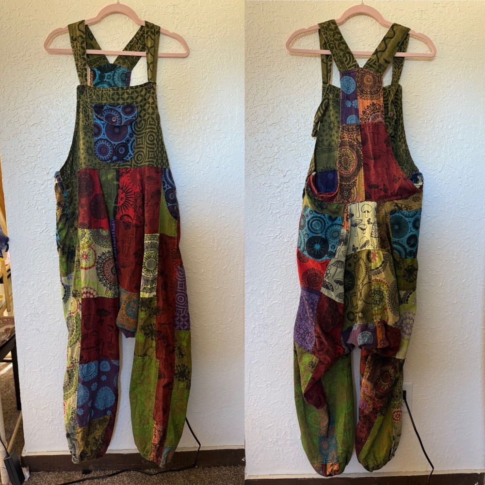 Nepal Cotton Patchwork Overalls Boho Mushroom Man… - image 1